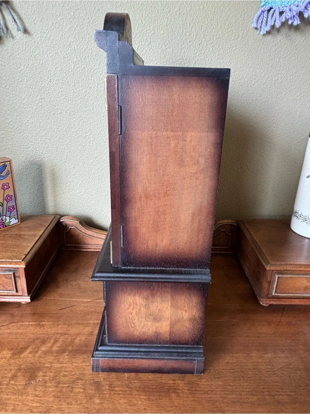 Antique wood jewelry box with drawers and metal hardware